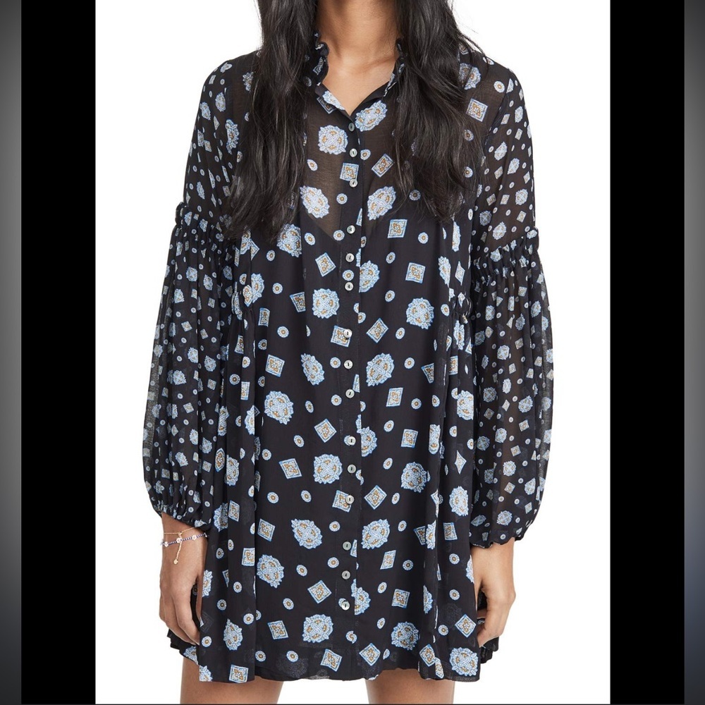 Free People FP Turn Turn Printed Sheer Long Sleeve Mini Dress Size Small
